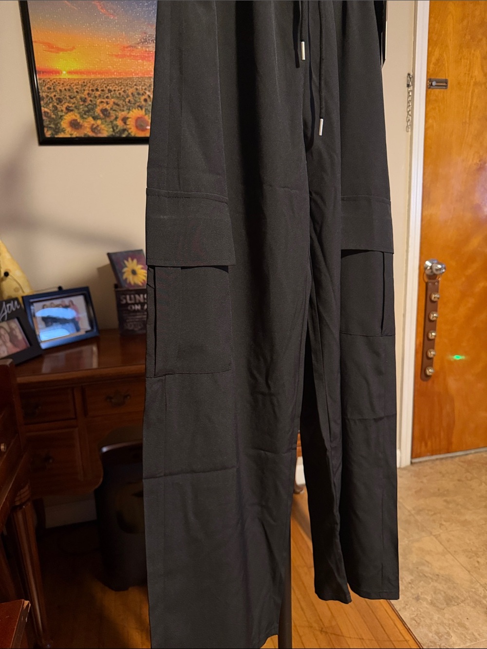 Wide Leg Cargo Pants with Drawstring Waist - Black - Picture 4 of 6